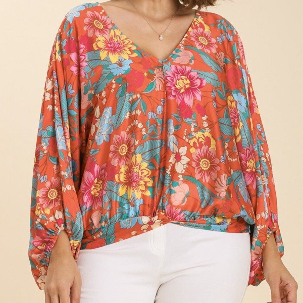 Umgee Tangerine Floral Top- X-Large, Casual, Business Casual, Dressy, Bright NWT